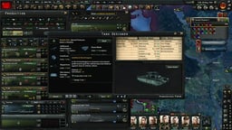 Tank Designer window with the Inter-War Heavy Tank's stat sheet and the Additional Machineguns special module tooltip open, listing its defense, soft attack and production cost bonuses