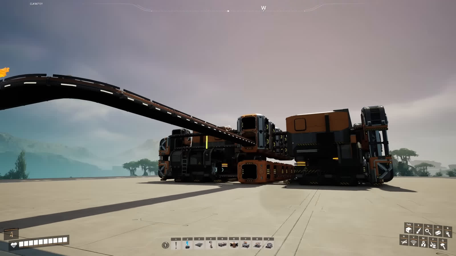 Satisfactory dusk view of a mirrored merger line construction feeding into a Foundry manifold with a curved conveyor belt overhead