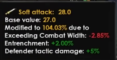 Combat tooltip with almost nothing stacked — soft attack 28.0 from a base value of 27.0, modified to 104.03%