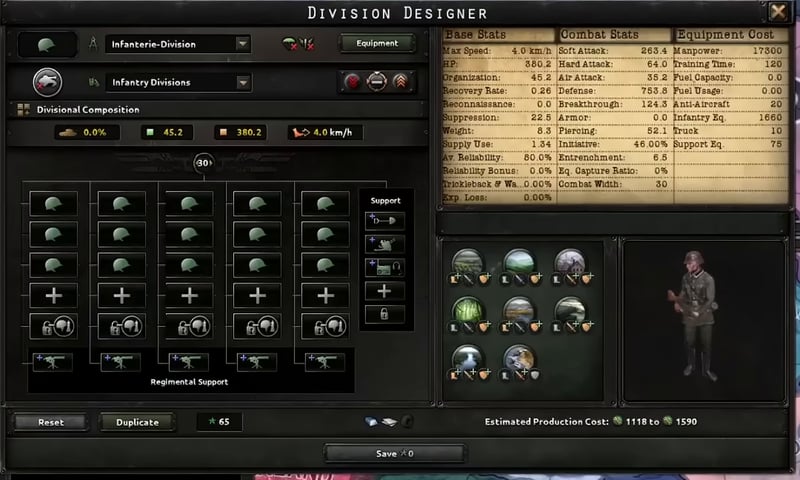 Division designer at 30 combat width with fifteen infantry battalions, four support companies and a full regimental support row
