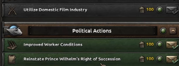 Events and decisions panel with Reinstate Prince Wilhelm's Right of Succession listed at 100 political power