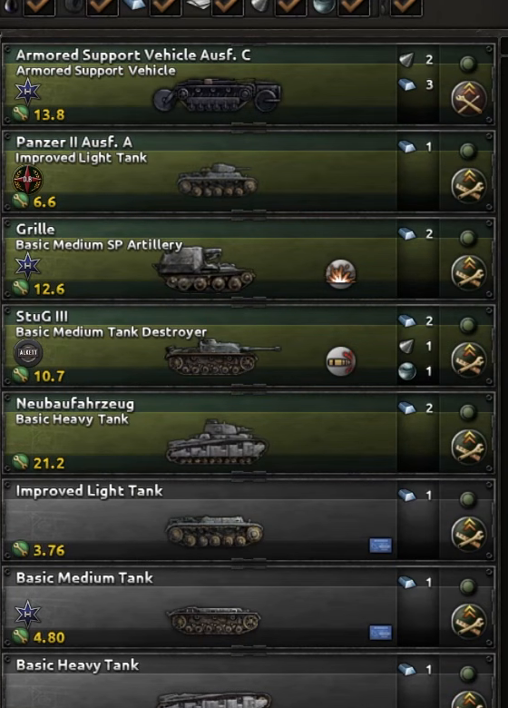 Production panel with the armour lineup — armoured support vehicle, Panzer II, Grille medium SP artillery, StuG III and Neubaufahrzeug