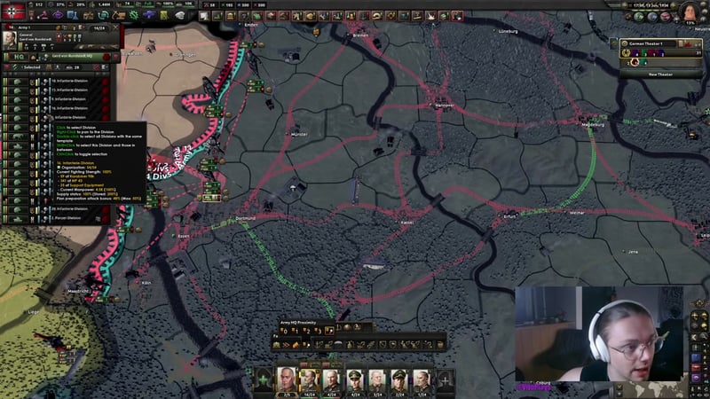 The Army HQ panel shows the proximity setting and division modifiers, illustrating commander placement relative to the front line and the bonus effects.