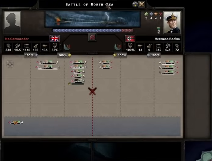 A naval battle in progress showing the row structure