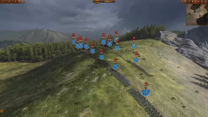 An army formed in a long line along a ridge under a storm sky, seen from above