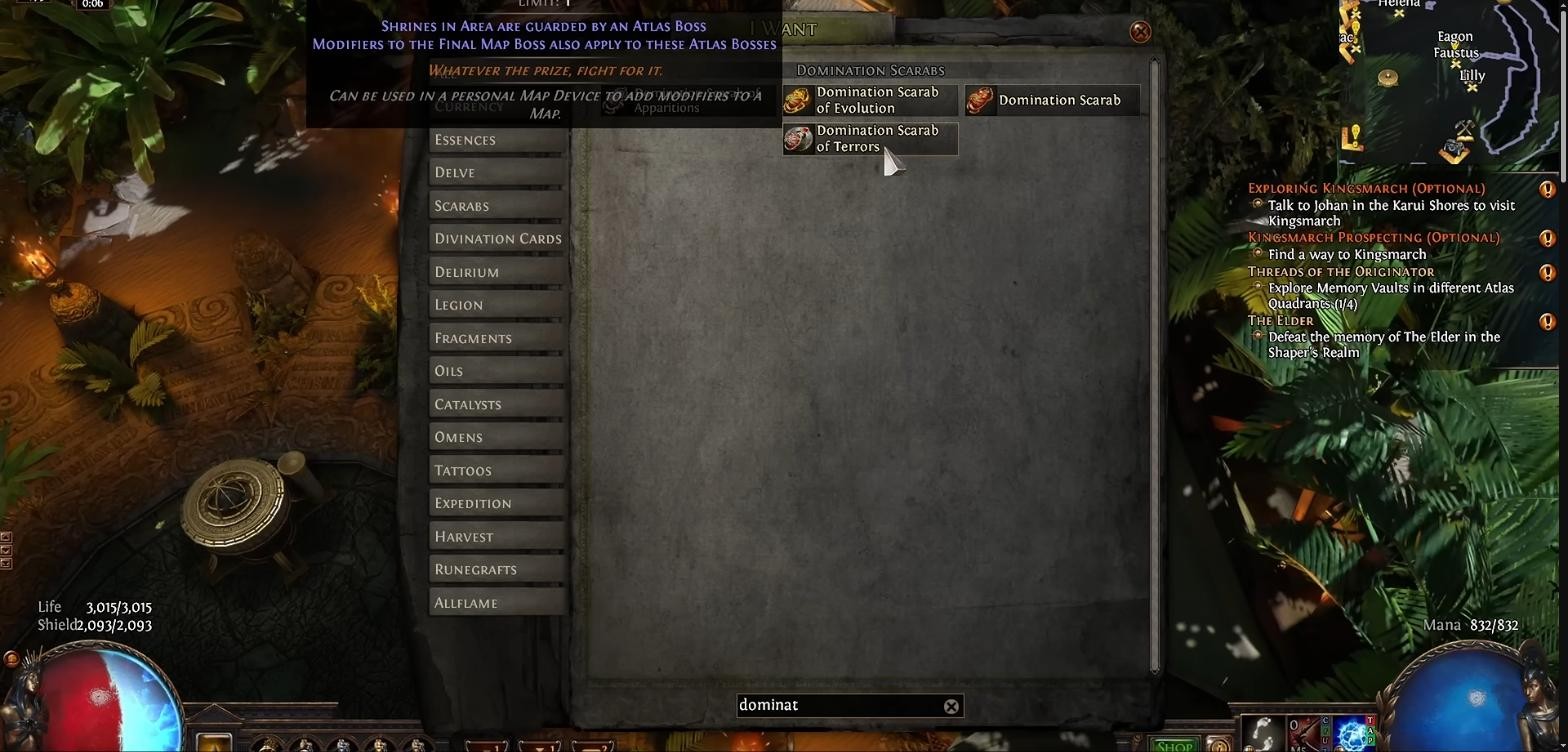 Domination Scarab of Terrors tooltip in Path of Exile showing shrines guarded by an Atlas Boss