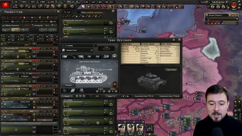 HOI4 Tank Designer panel showing the T-1 (1939) Basic Medium Tank Chassis design with Base Stats, Combat Stats and Misc Stats columns — Soft attack 52.9, Hard attack 1.1, Reliability 69.6%, Production Cost 10.36