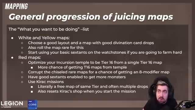 Path of Exile PoE University slide listing a "General progression of juicing maps" checklist for white/yellow and red maps