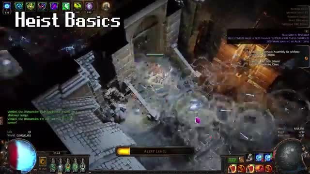 Heist Basics overlay showing the Alert Level bar during an active heist