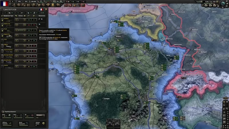 Logistics panel with an equipment tooltip reading: there is currently a deficit of −712 units of Infantry Eq. in storage; with current production, the shortage will last 36 days