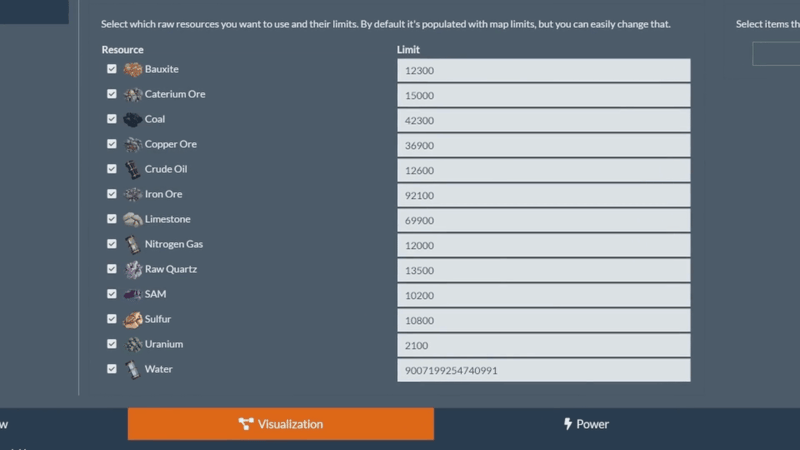 Satisfactory planner raw resource panel listing map-wide limits for coal, copper ore, iron ore, limestone, raw quartz and other resources