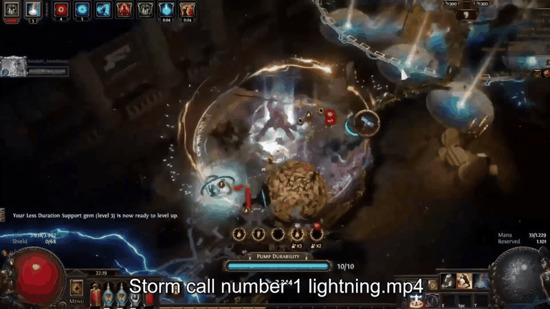 Storm Call crab totem test against a row of Blight bosses in Path of Exile, with pump durability at 10/10 and four boss health bars on screen