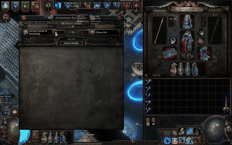 Path of Exile Currency Exchange showing 20 Horned Scarabs of Awakening costing 1780 chaos orbs at an 89 to 1 ratio