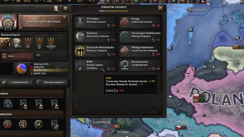 Industrial Concern popup with RWE selected, showing its −7.5% consumer goods and 150 PP cost tooltip