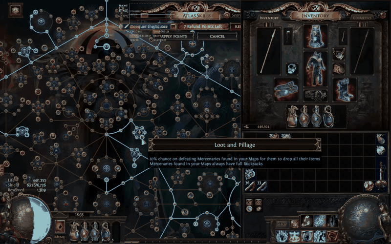 Loot and Pillage Atlas passive node in Path of Exile granting a chance for defeated mercenaries to drop their items