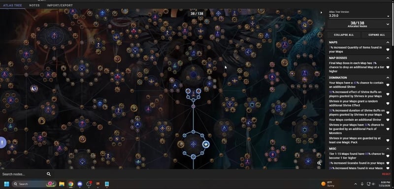 The Path of Exile 3.29 atlas passive tree at 38 of 138 allocated nodes with the shrine cluster taken, showing 85 percent chance for tier 1-15 maps to become one tier higher