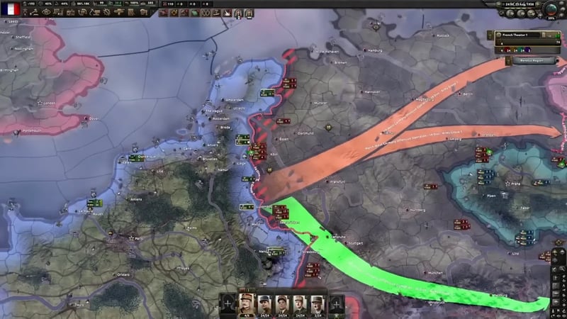 War map with two large offensive arrows pushing into Germany, labeled "North-West Germany Offensive Operation - 19 Divs - Army Group 1" and "North Alps Germany Offensive Operation - 16 Divs - Army Group 1"