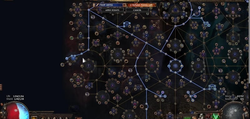 Path of Exile Atlas Skills tree named PROP ABYSS with allocated scarab, ore and abyss clusters