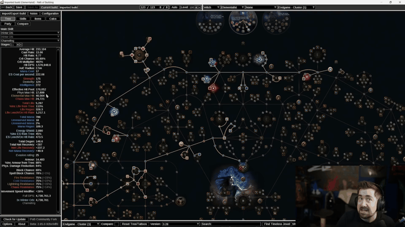 Path of Building endgame cluster-jewel passive tree for the level 100 Winter Orb Elementalist, with the stat panel showing Full DPS, effective hit pool, life, energy shield, armour and capped elemental resistances.