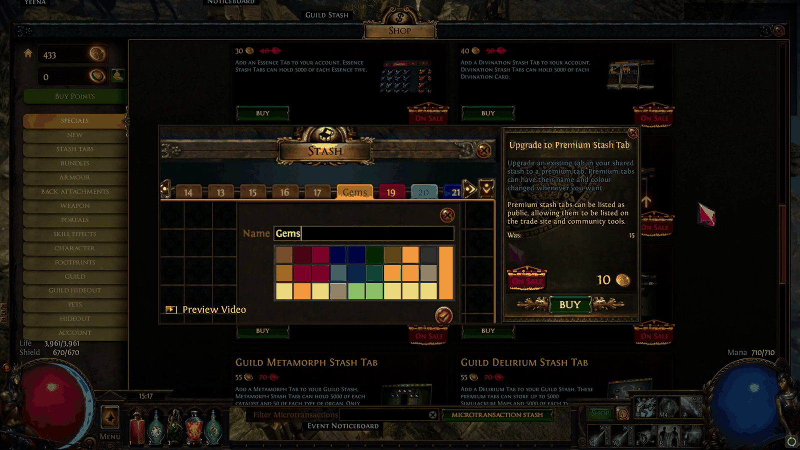 The in-game shop panel for upgrading a stash tab to premium, the purchase that path of exile selling items requires before you can list anything