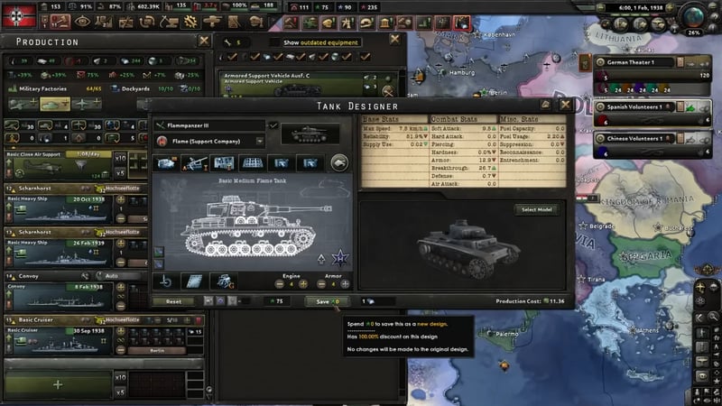 Tank Designer for the flame tank, tooltip confirming its 100% design-cost discount