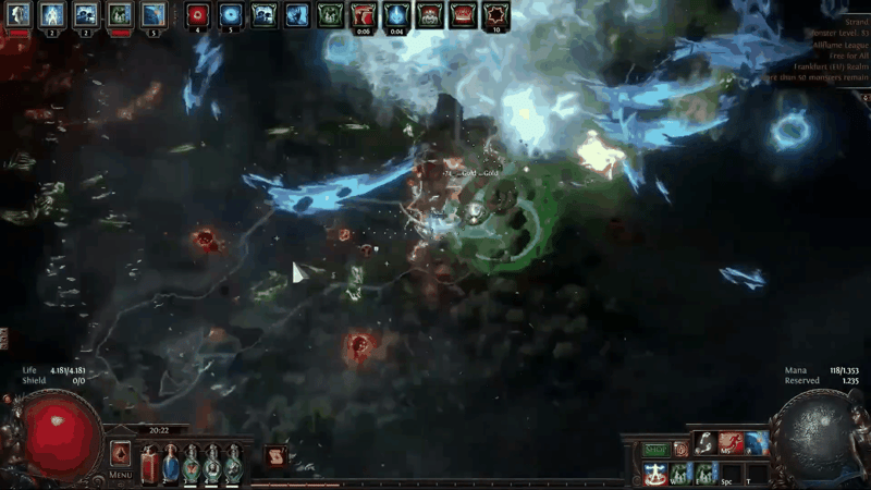Crab totems from the Path of Exile Crustacean's Call staff walking behind the character mid-clear, illustrating the movement lag bug