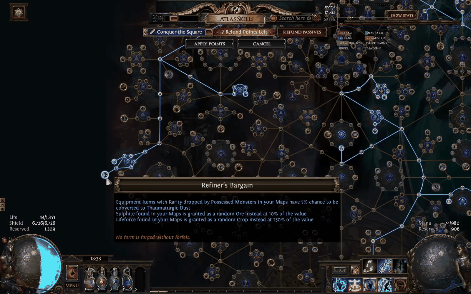Refiner's Bargain Atlas passive node in Path of Exile converting Sulphite in maps into Kingsmarch ore