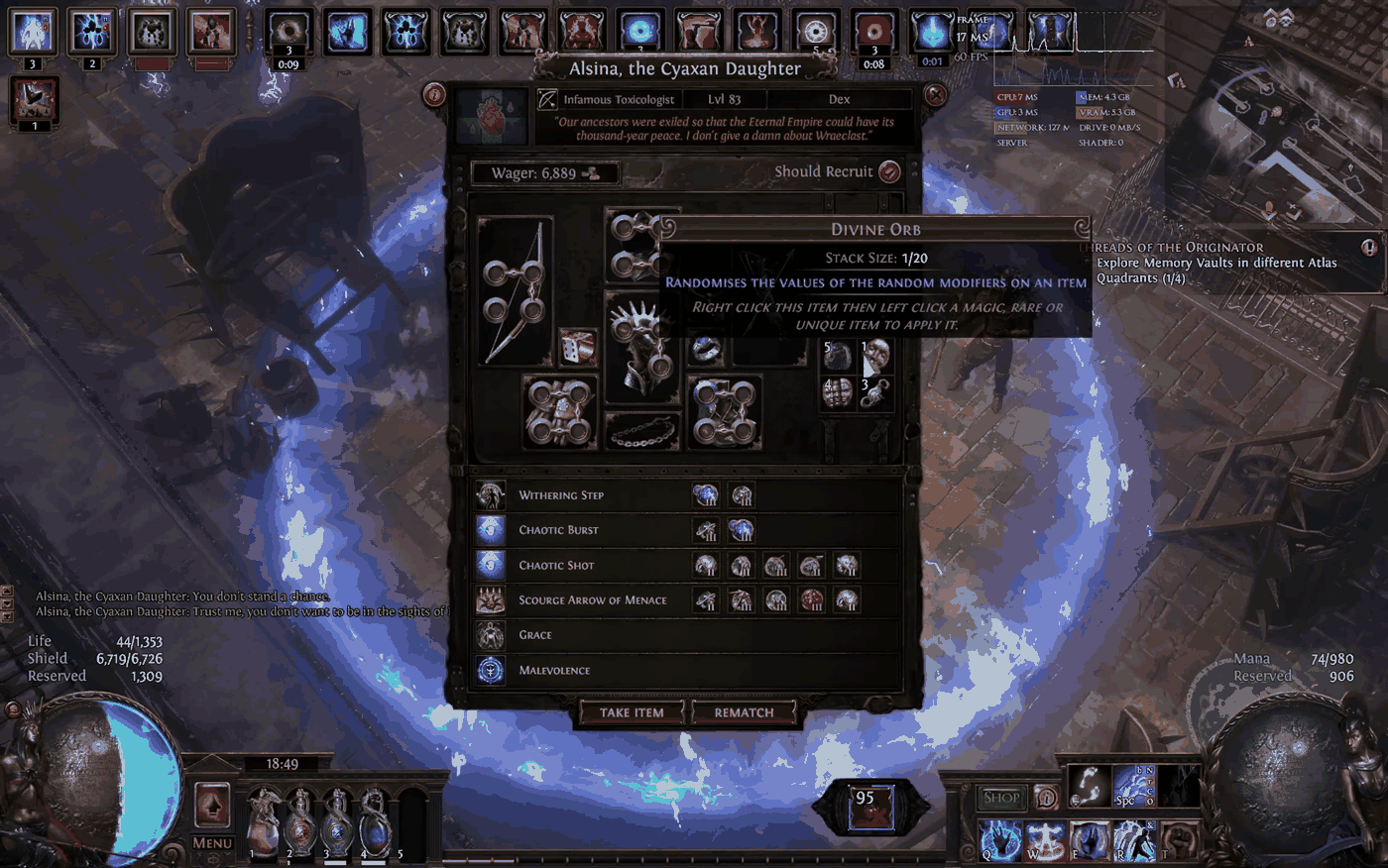 Path of Exile mercenary recruit screen for Alsina, the Cyaxan Daughter showing a Divine Orb sitting in her pocket loot
