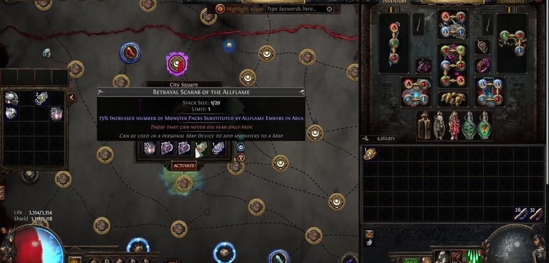 Betrayal Scarab of the Allflame tooltip showing 75% increased number of Monster Packs Substituted by Allflame Embers in Area, next to a five-slot Path of Exile map device