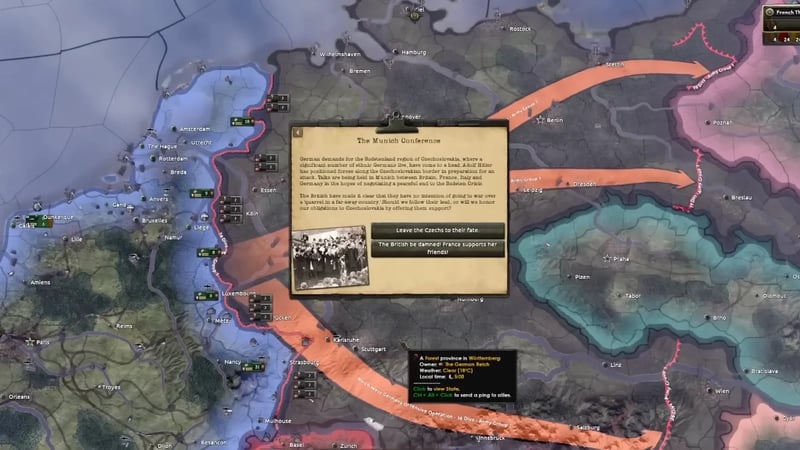 The Munich Conference decision popup: "Leave the Czechs to their fate" versus "The British be damned! France supports her friends!" — with battle-plan arrows already drawn into Germany visible behind the popup
