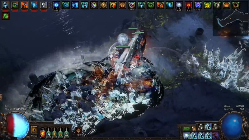 Path of Exile gameplay of the Winter Orb Elementalist detonating a large pack while running past, with the energy shield and mana globes and buff bar visible.