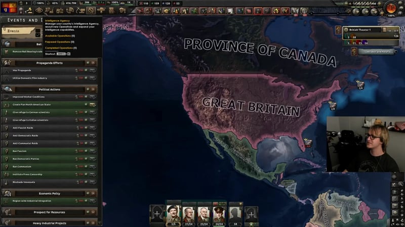 The Political Actions decision list with Create Pan-North-American State highlighted green and ready to execute, next to the map showing Province of Canada and Great Britain already covering the continental United States.