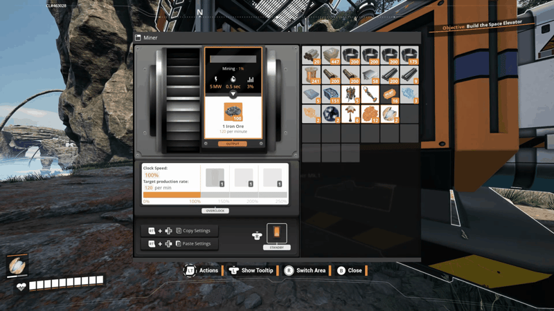 Satisfactory Miner Mk.1 panel on a pure iron node at 100 percent clock speed producing 120 Iron Ore per minute for 5 MW, with the overclock slider reaching 250 percent