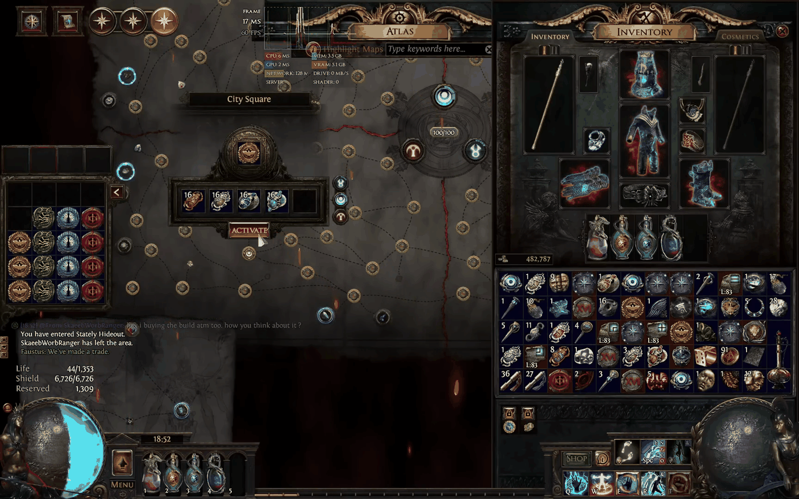 Path of Exile map device loaded with the four-scarab Destructive Play combination and a City Square map ready to activate, with the fifth scarab slot left empty