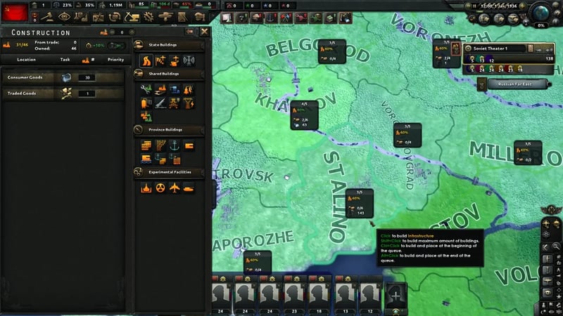 Construction tab open over the Donbas region showing build-slot counts and infrastructure percentage on Kharkov and Stalino-area states