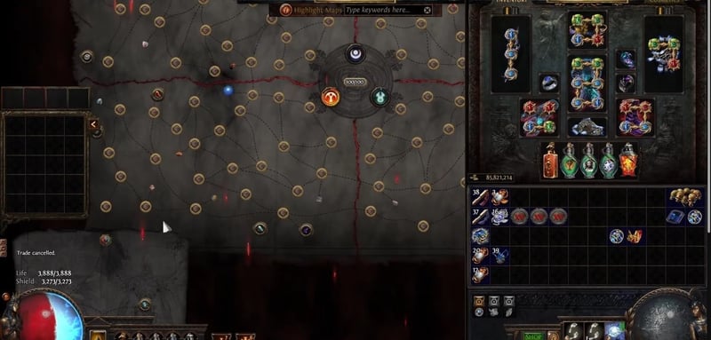 The Path of Exile Atlas divided into four quadrants with the Voidstone socket ring at the centre showing 100 of 100 atlas points allocated