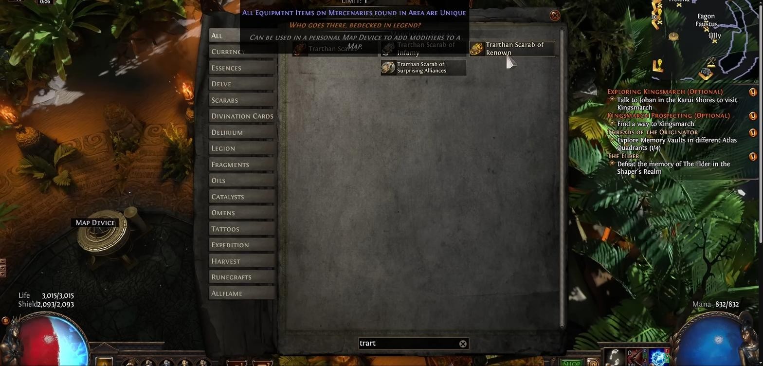 All four Trarthan mercenary scarabs in the Path of Exile map device search, with the Scarab of Renown tooltip