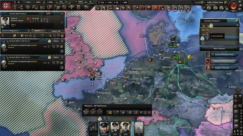 Fleet panel showing task forces moving toward the English Channel