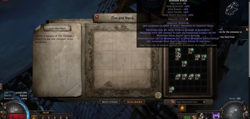 A chart tooltip in the Path of Exile voyage planner showing an Adjacent Modifier granting 30 percent increased number of Magic Monsters in adjacent Areas