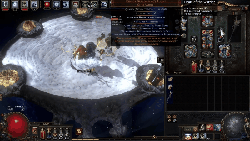 Replica Dragonfang's Flight amulet in Path of Exile granting +3 to all Freezing Pulse gems, +19 to all attributes and 10% increased reservation efficiency, anointed with Heart of the Warrior