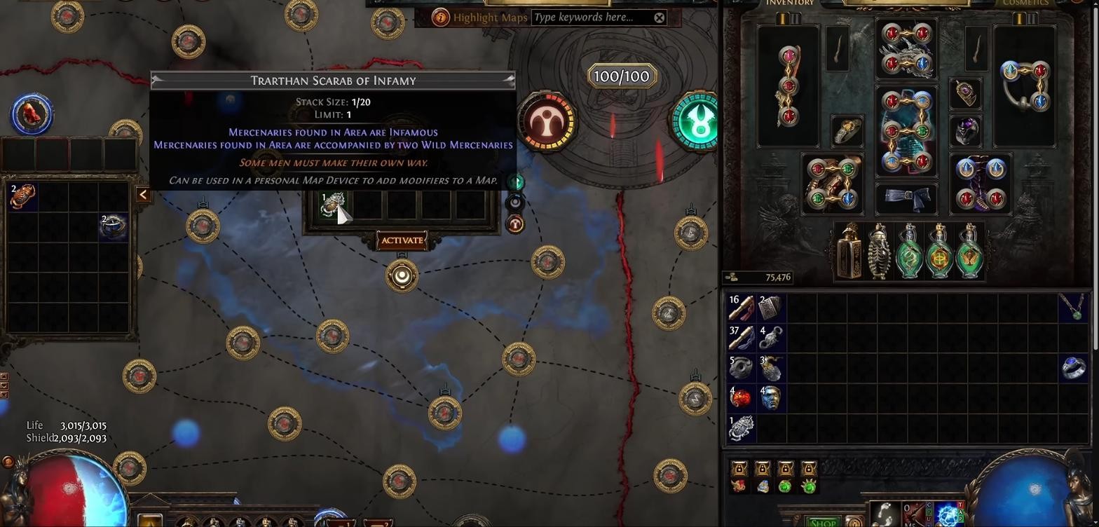 Path of Exile map device with a Trarthan Scarab of Infamy socketed and a shaped region visible on the atlas