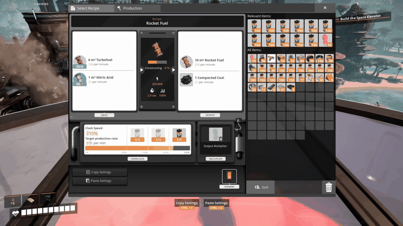 Rocket Fuel recipe in a Satisfactory Blender turning 6 m3 Turbofuel and 5 m3 Nitric Acid into 10 m3 Rocket Fuel plus Compacted Coal, with the overclock slider at 210%.