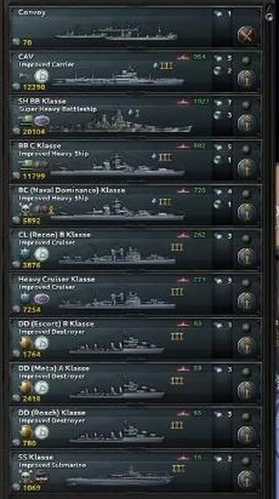 All nine hull designs — carrier, super heavy battleship, naval dominance battlecruiser, recon light cruiser, heavy cruiser, escort destroyer, meta destroyer, roach destroyer and submarine — together in one ship list
