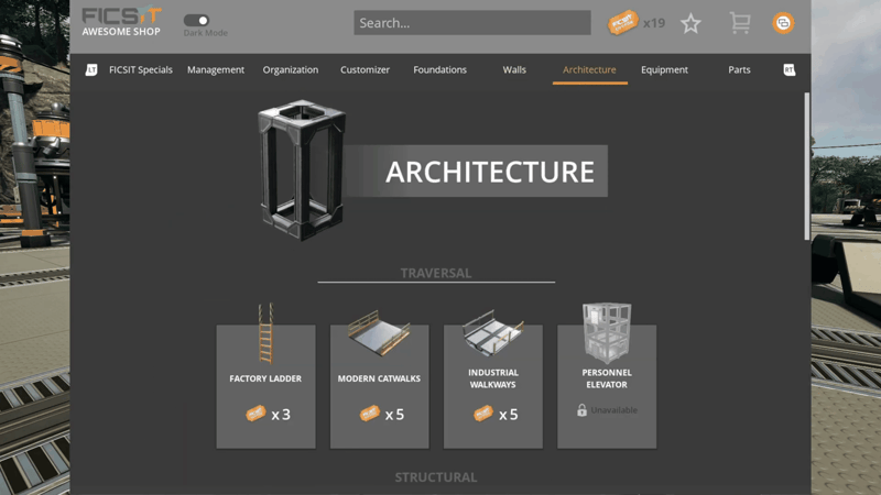 AWESOME Shop Architecture tab in Satisfactory with 19 coupons banked, showing Factory Ladder for 3 coupons, Modern Catwalks and Industrial Walkways for 5 each