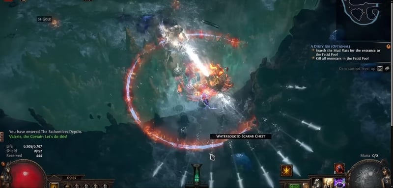 Inside a Path of Exile chart area called The Fathomless Depths, clearing monsters next to a Waterlogged Scarab Chest