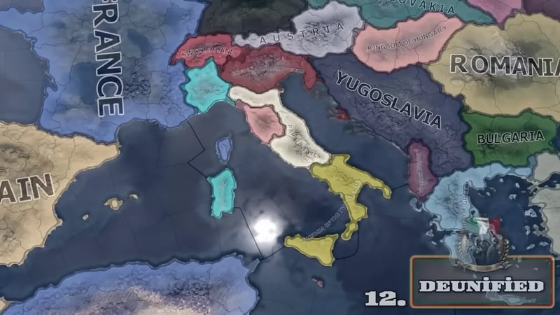 Map of the Italian peninsula split into Kingdom of Lombardy-Venetia, Papal States, and Kingdom of the Two Sicilies, with a "12. Deunified" chapter banner