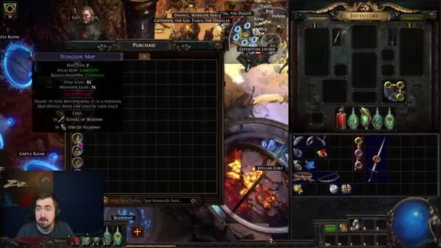 In-game Kirac map purchase panel showing a "Dungeon Map" (Tier 7) available for purchase using a School of Wisdom and an Orb of Alchemy