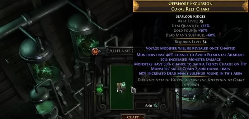 The Allflame Crafting bench in Path of Exile 3.29 with an Offshore Excursion Coral Reef Chart in the Seafloor Ridges room type, showing a craft that rerolls the room type