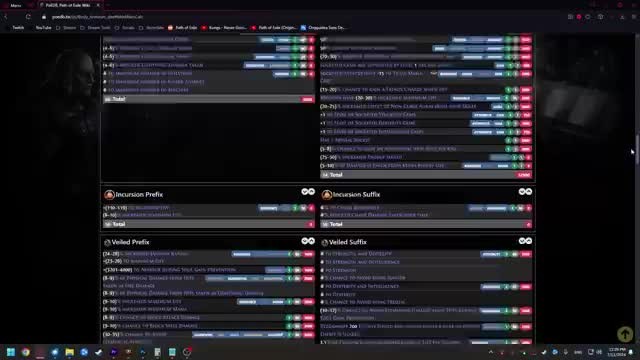 poedb.tw stat browser showing prefix and suffix modifier pools for an item, including regular, Incursion, and Veiled prefix/suffix categories