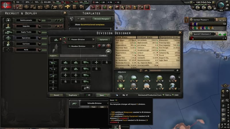 Division Designer showing the interim Panzer-Division template, Combat width 16